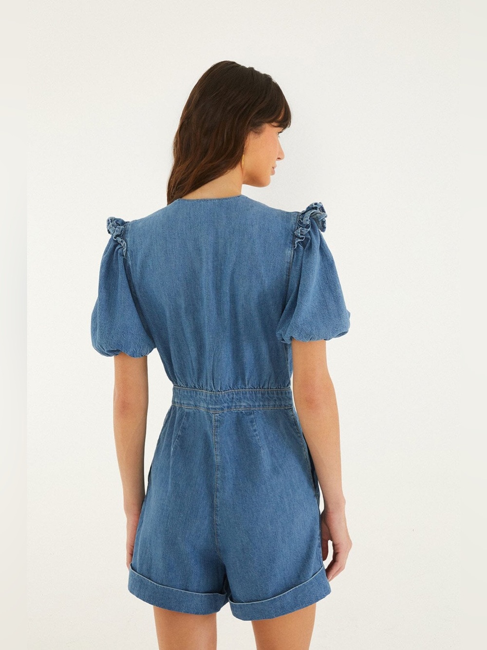 FARM Rio Denim Ruffled Puff Sleeve Romper, Size Small - Picture 2 of 11